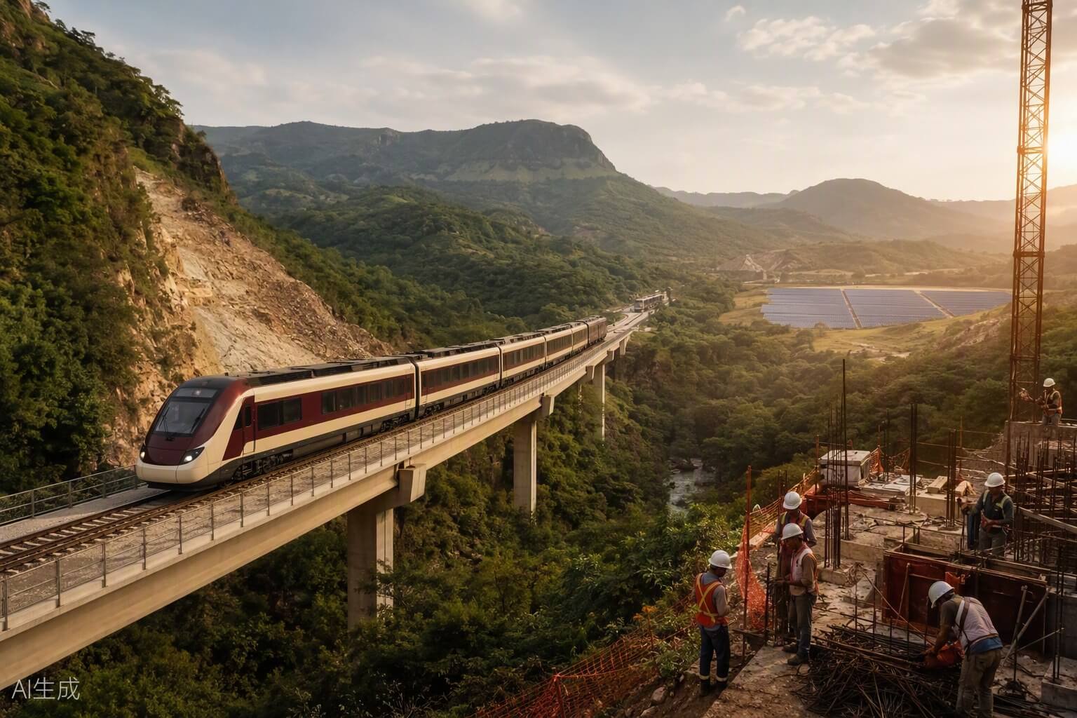 Tren moderno y obra de infraestructura entre montañas, imagen del desarrollo económico sustentable de México